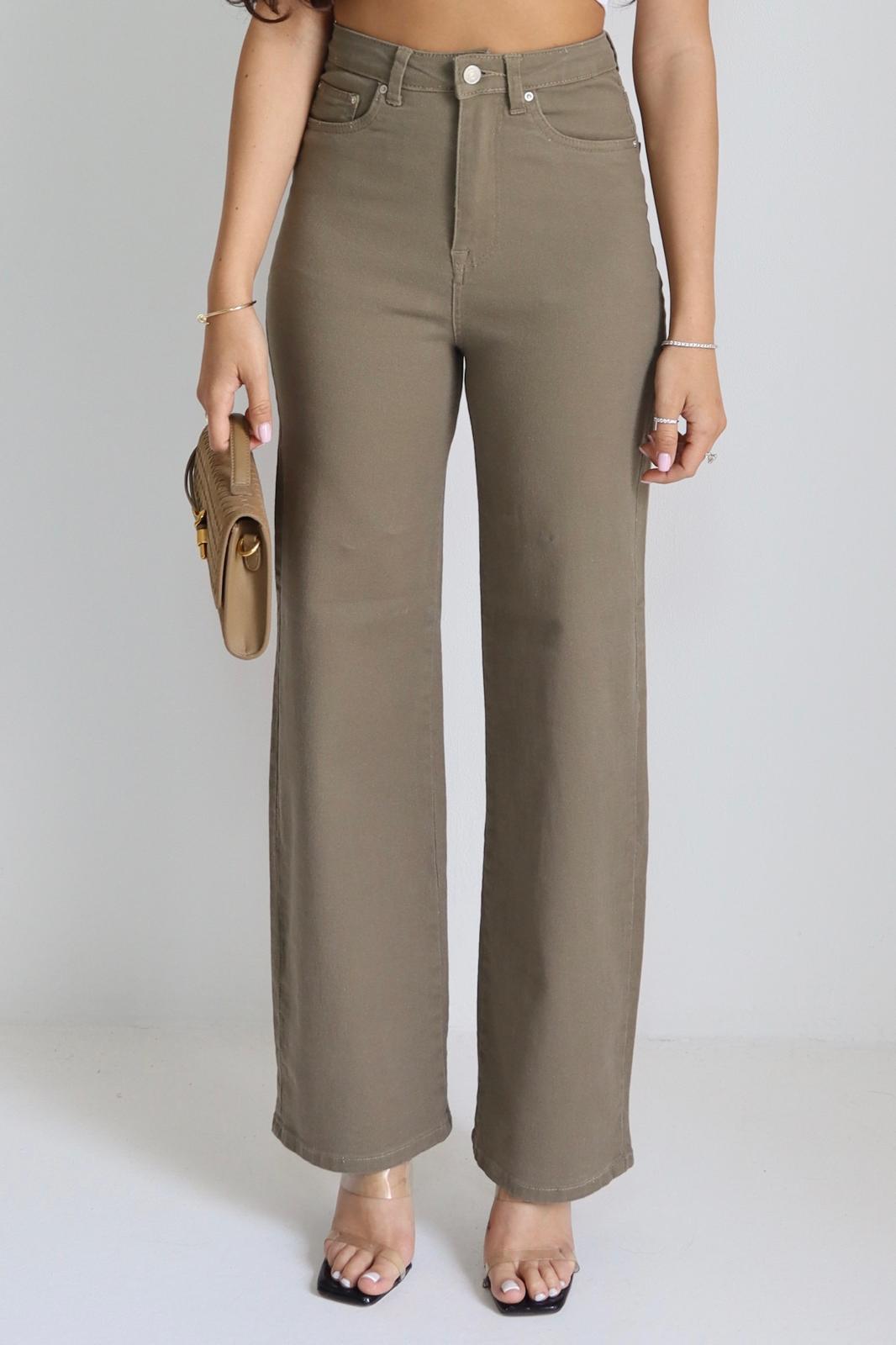 מכנס רחב לנשים בגזרה גבוהה צבע חום זית Sexso 9109