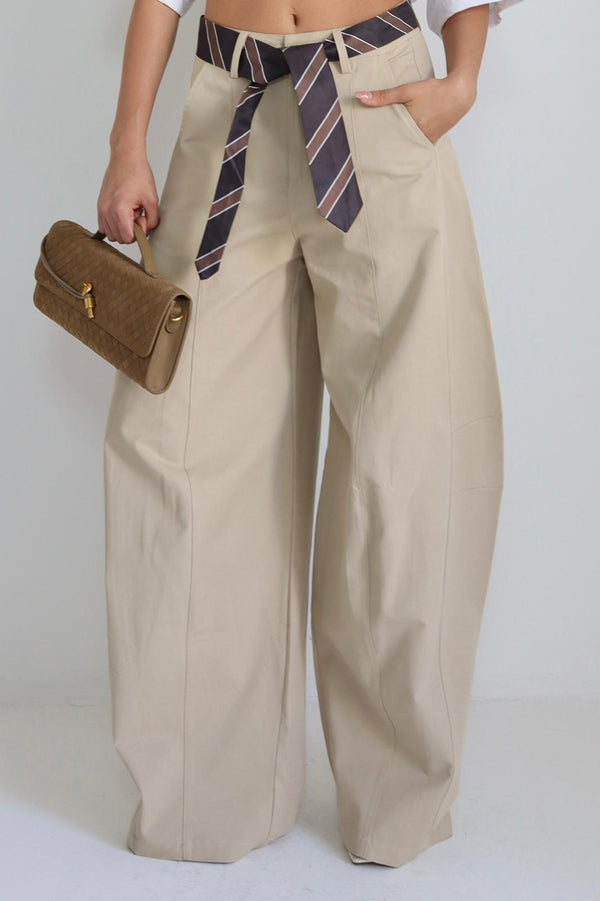 מכנס רחב לנשים Aniva צבע בז עם חגורת קשירה