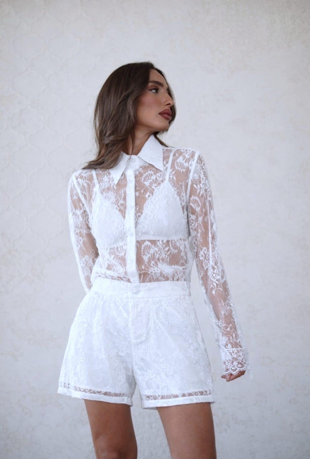 חליפת Tamara לנשים סט תחרה אלגנטי חולצה מכופתרת ושורט