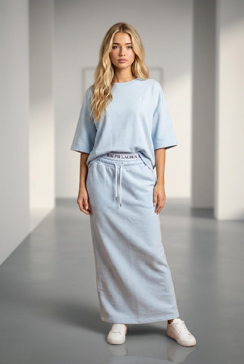 	חליפת חצאית צבע תכלת סט חצאית מקסי וחולצה לנשים