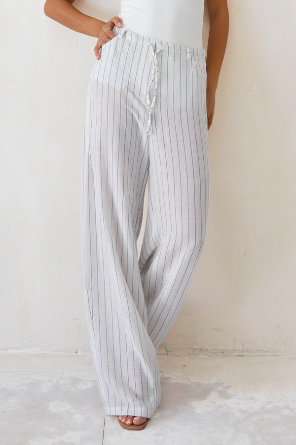 מכנס Peso לבן מכנס רחב לנשים עם פסים וגומי במותן