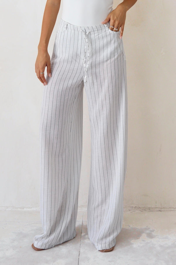 מכנס Peso לבן מכנס רחב לנשים עם פסים וגומי במותן