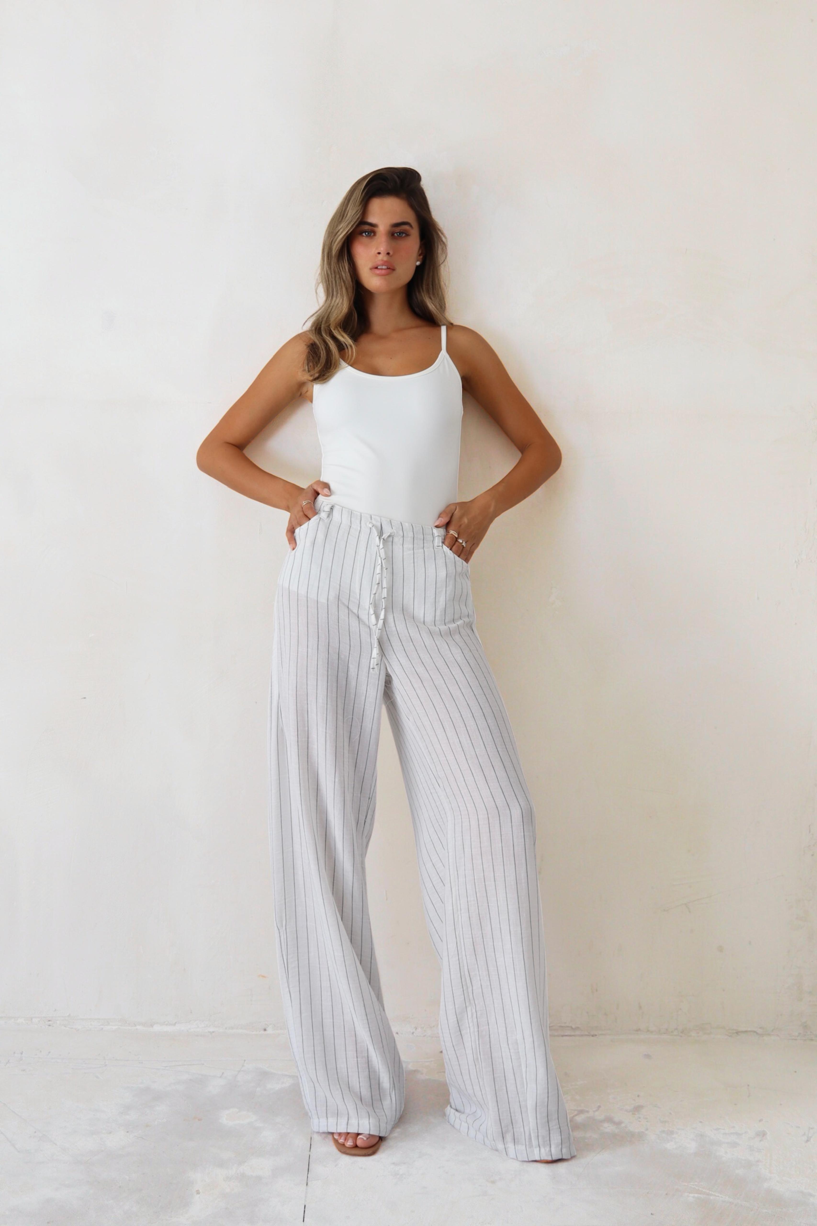 מכנס Peso לבן מכנס רחב לנשים עם פסים וגומי במותן