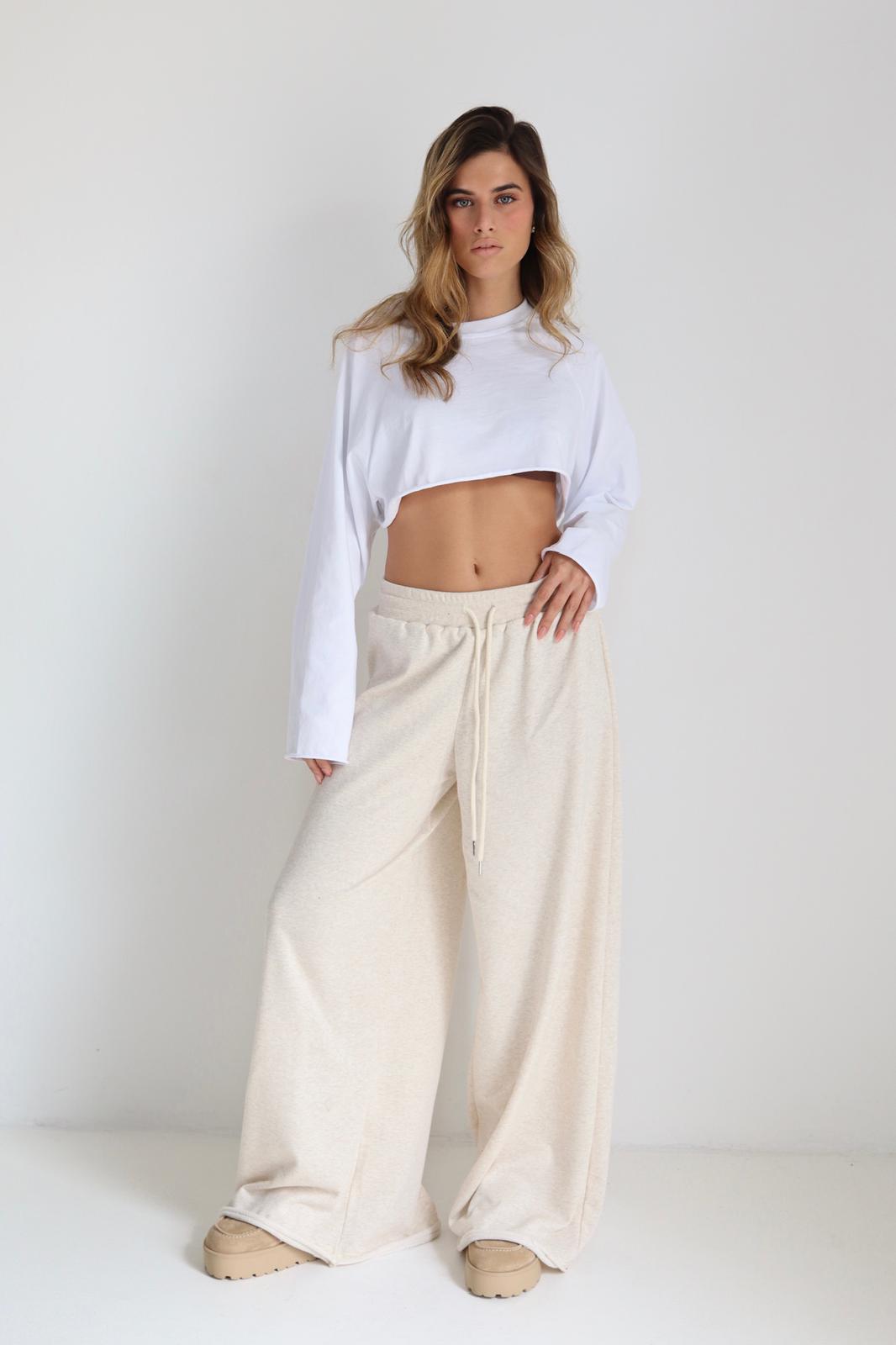 מכנס רחב לנשים Boli בצבע בז עם מותן גבוהה ושרוך