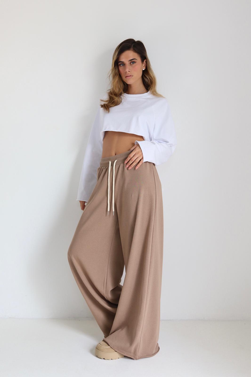 מכנס רחב לנשים Boli בצבע חום עם מותן גבוהה ושרוך