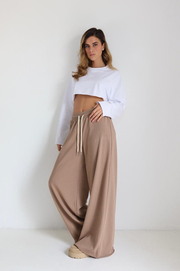 מכנס רחב לנשים Boli בצבע חום עם מותן גבוהה ושרוך