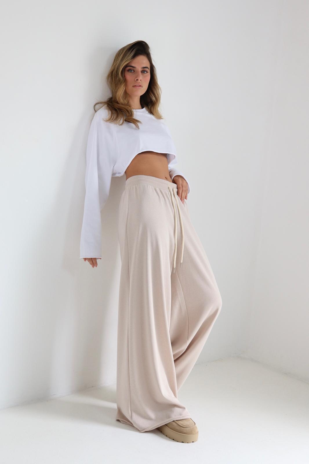 מכנס רחב לנשים Boli בצבע בז עם מותן גבוהה ושרוך