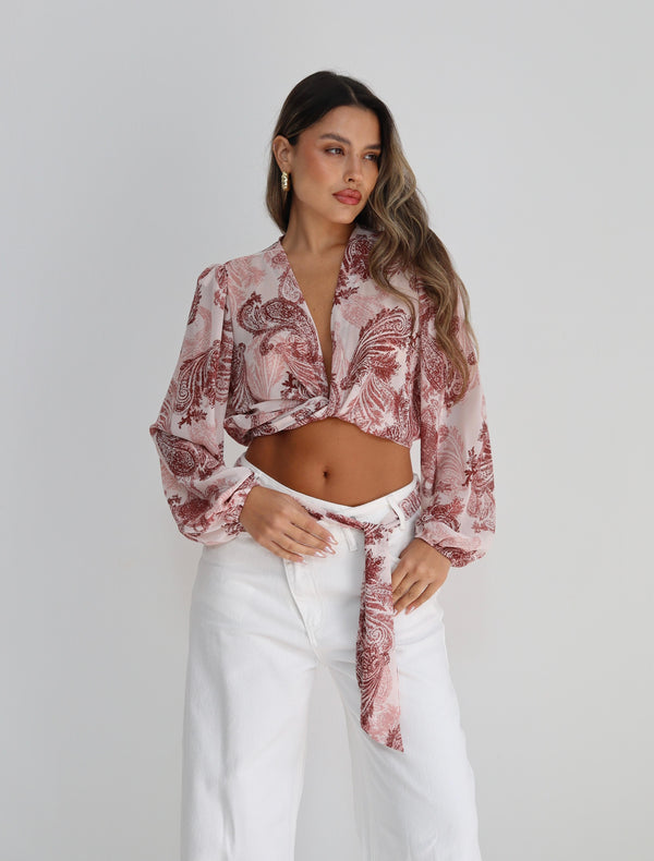 חולצת Efrat מודפסת אדום קרופ עם שרוולים ארוכים