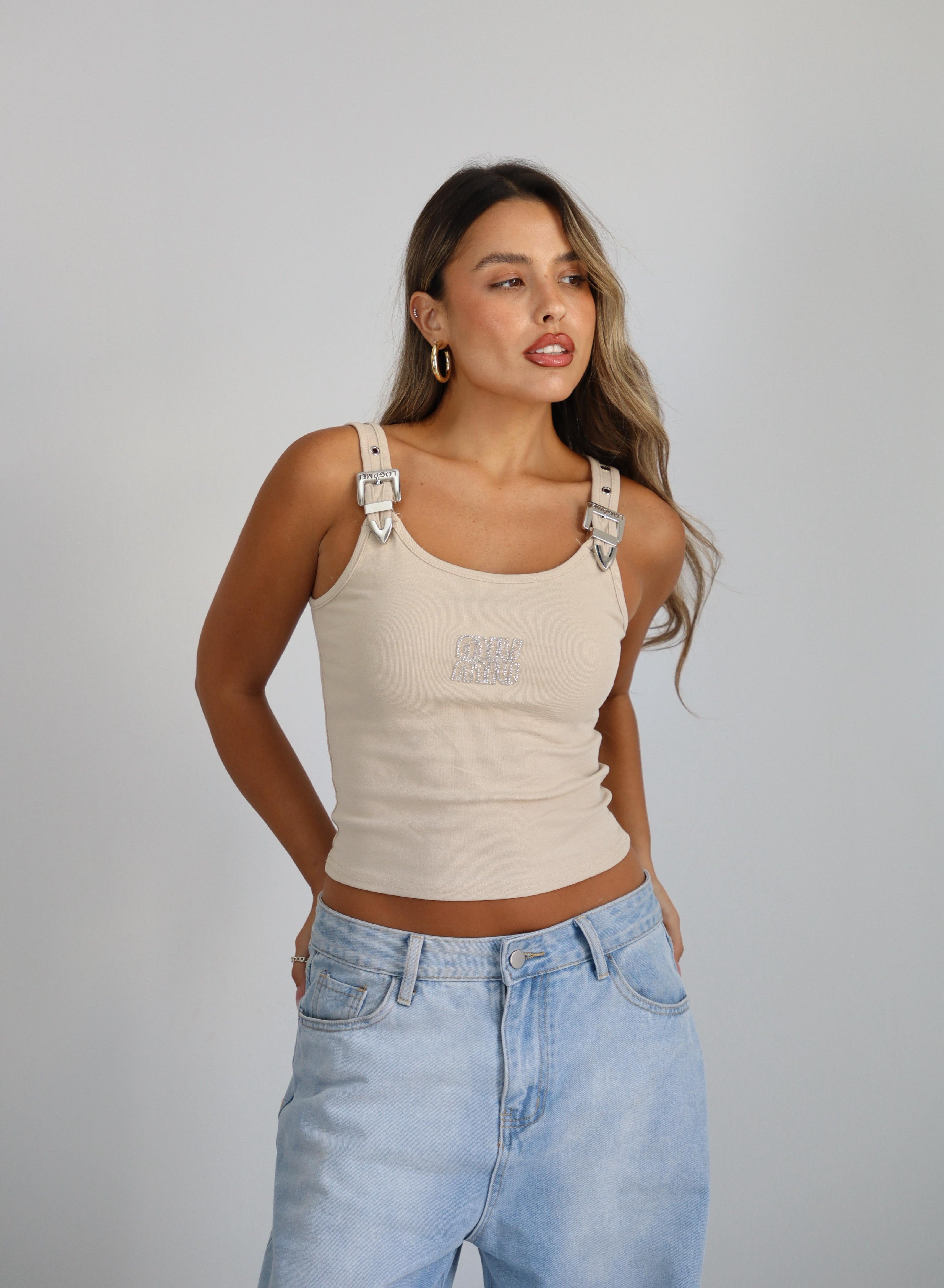 גופיית Mui בז׳ גופיית כתפיות לנשים עם אבזמים מתכתיים