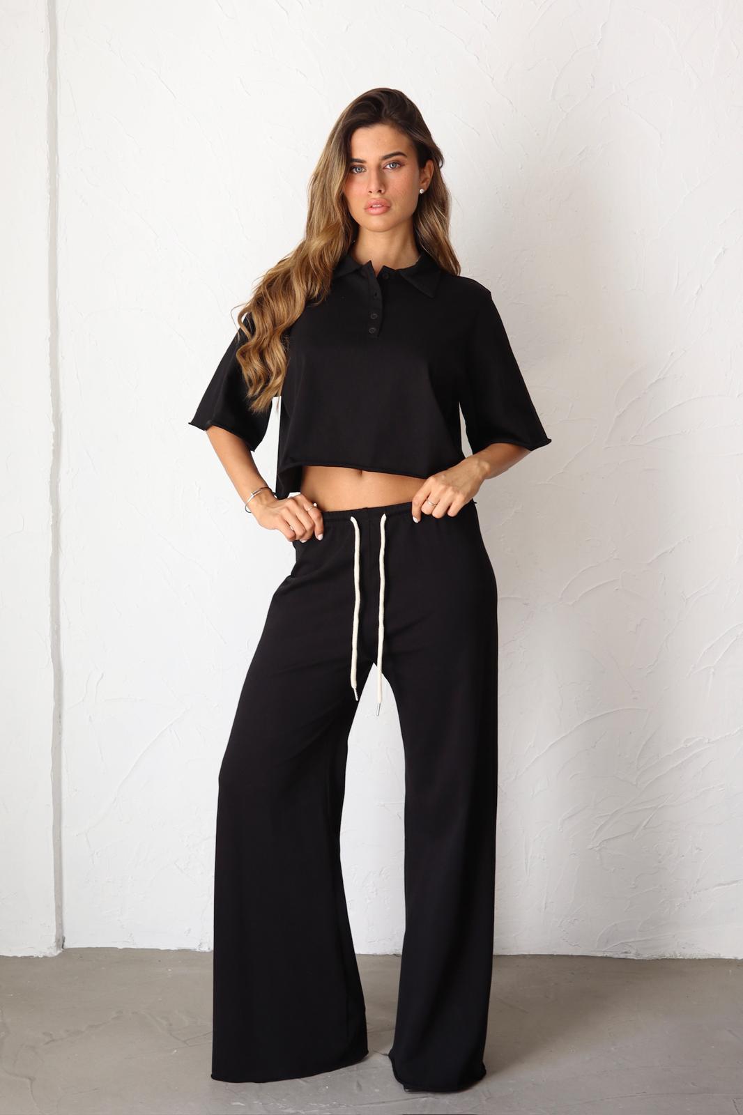 סט קיץ לנשים עם מכנס רחב ושרוך קשירה במותן
