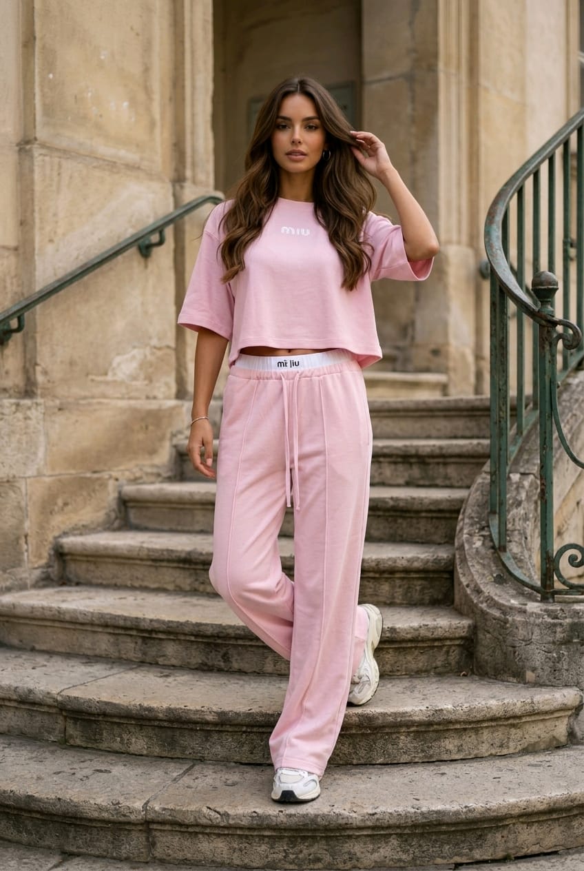 חליפת Ronita ורודה לנשים טופ קרופ ומכנס רחב